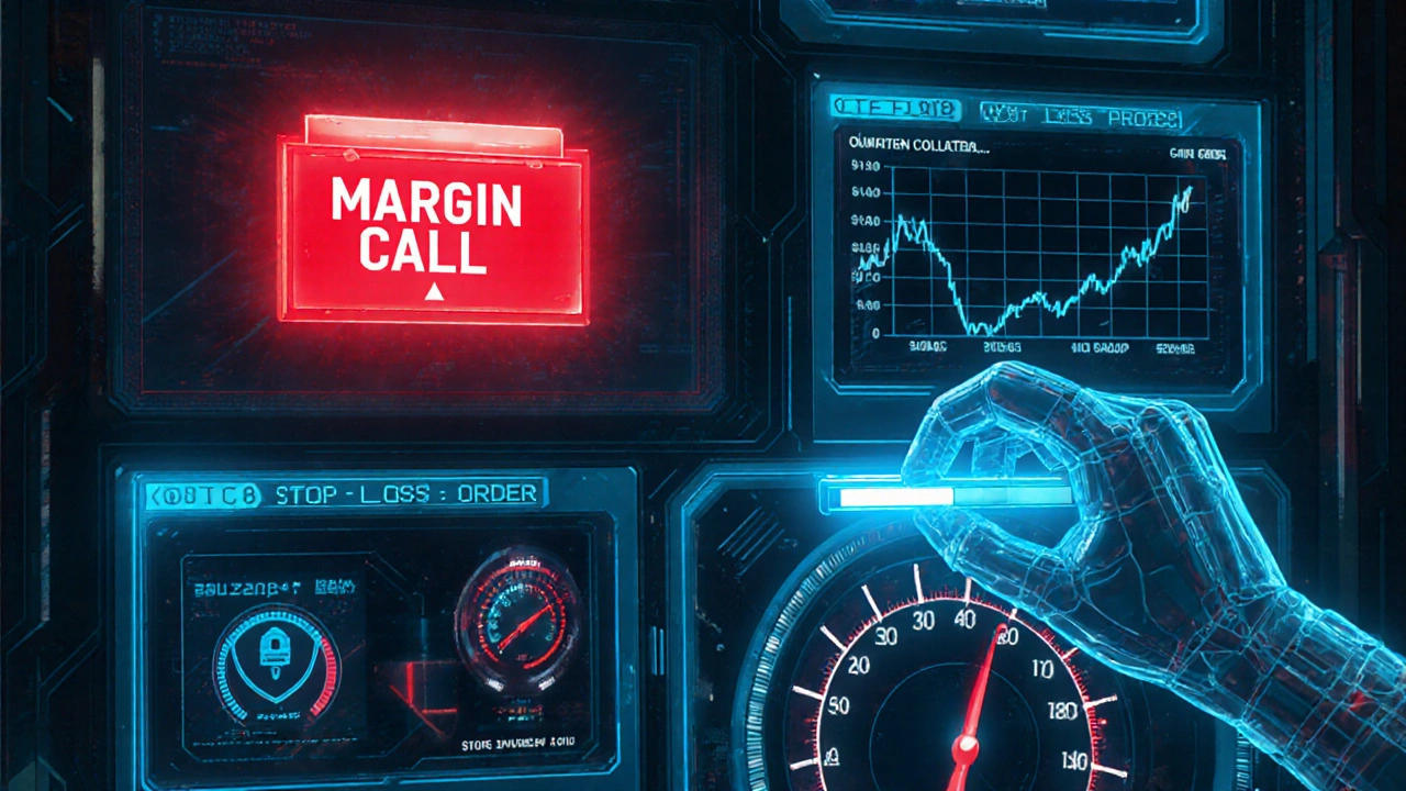 Dashboard cyber‑punk con avviso di margin call, grafico in caduta e icona di stop‑loss.
