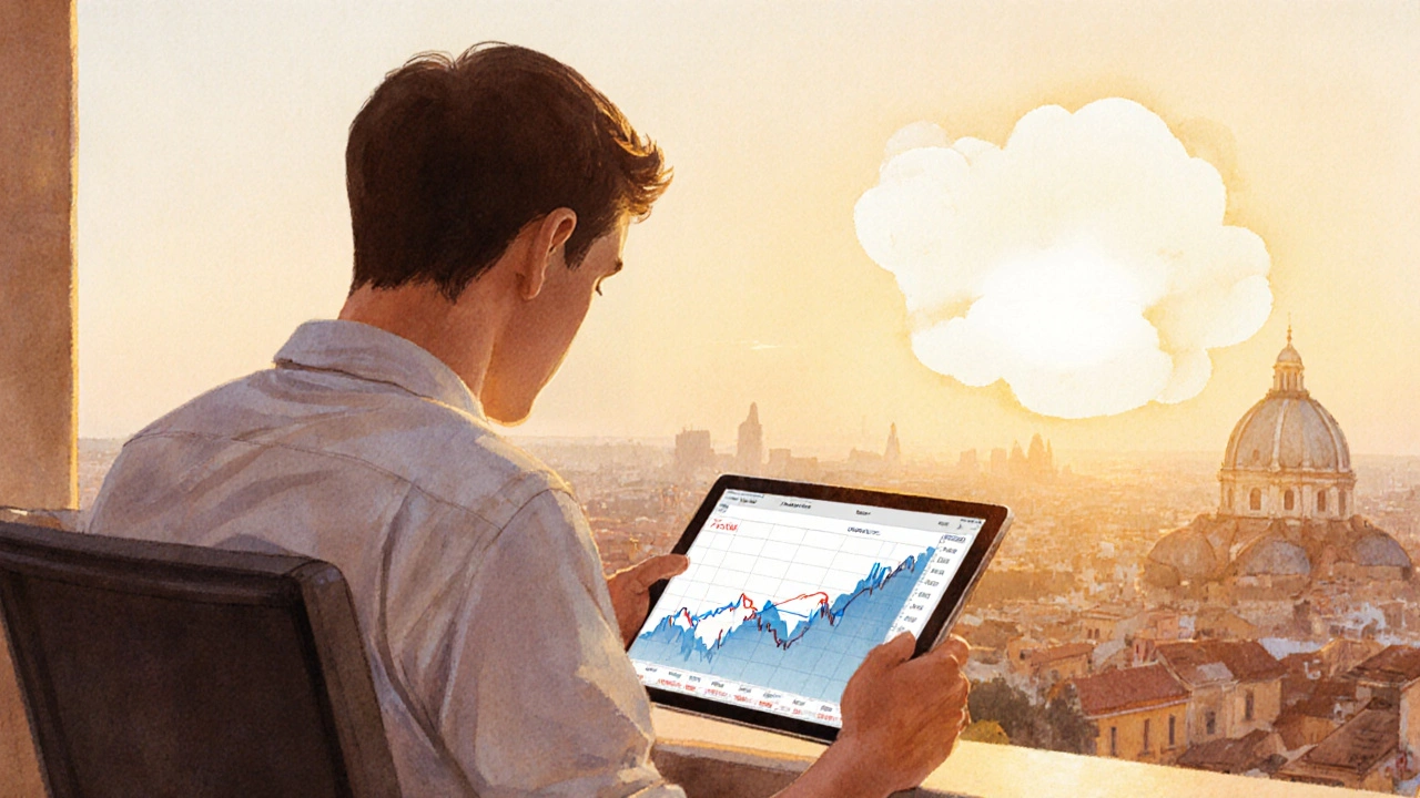 Trader principiante sul balcone al tramonto, tablet con leva 2‑3x e cuscino di sicurezza.