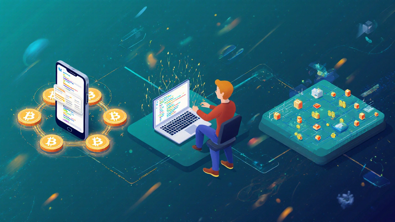 Utente, sviluppatore e pool di mining che mostrano conferme e aggiornamenti.
