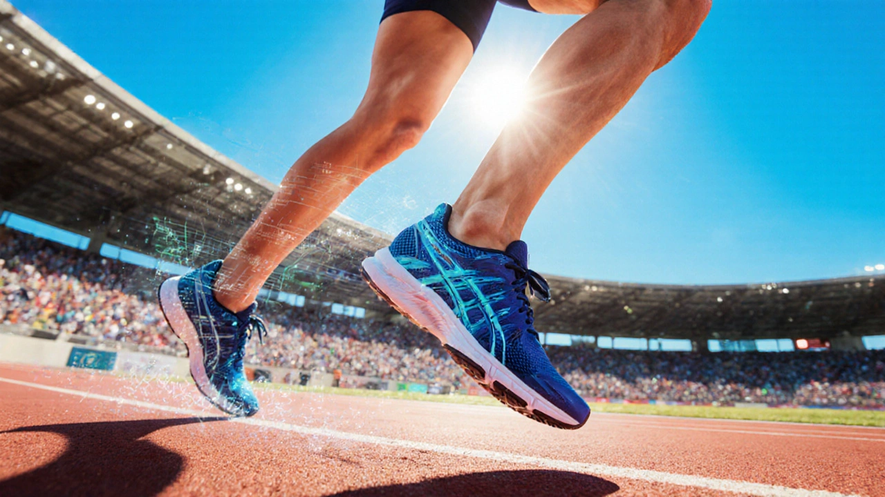 Atleta che corre su pista indossando scarpe da corsa, evidenziando comfort e stabilità.