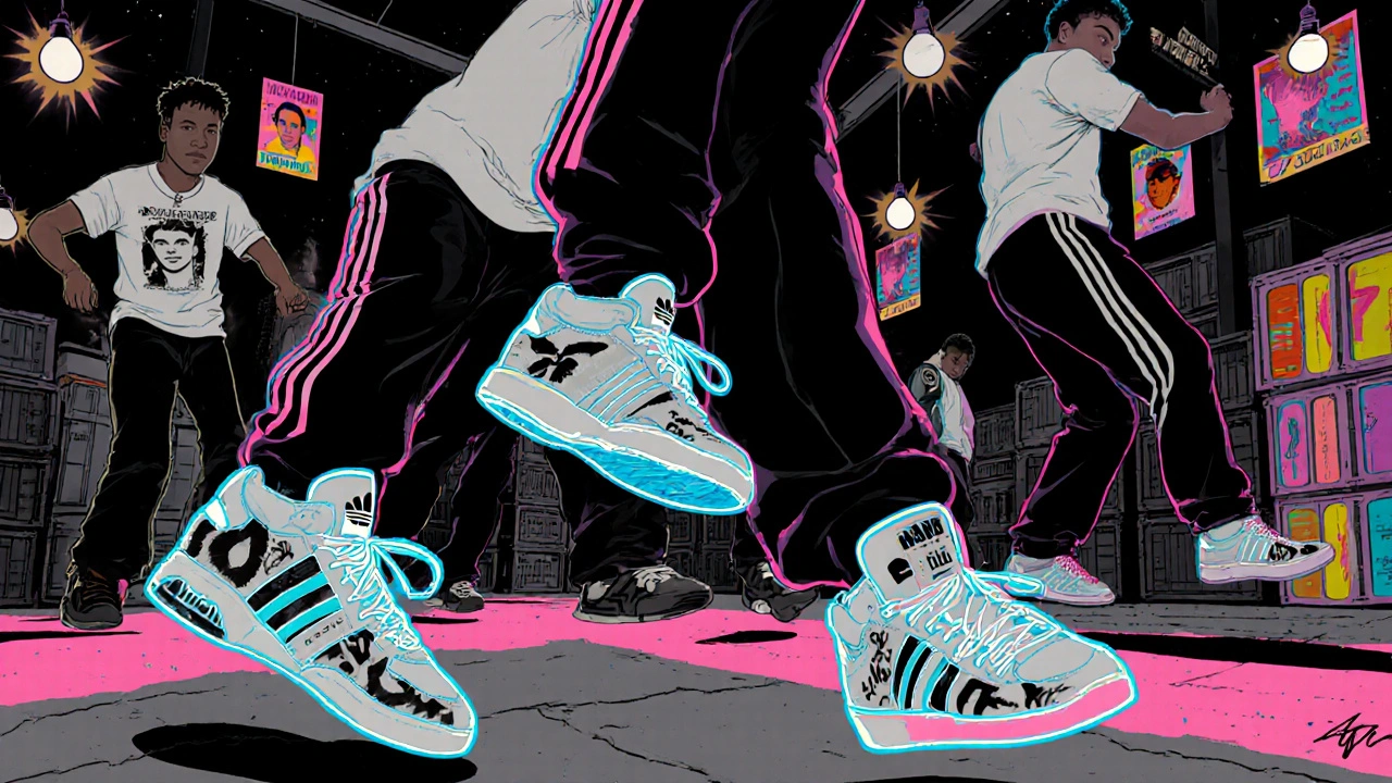 Battle di breakdance con sneaker Adidas personalizzate illuminate al neon.