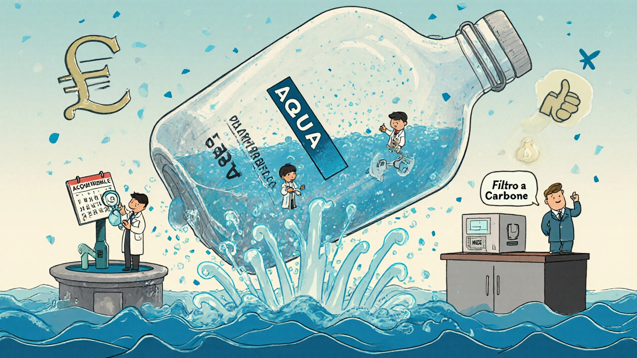 Bottiglia gigante che schiaccia una fontana pubblica, con microplastiche e controlli mensili vs orari in stile cartoon.