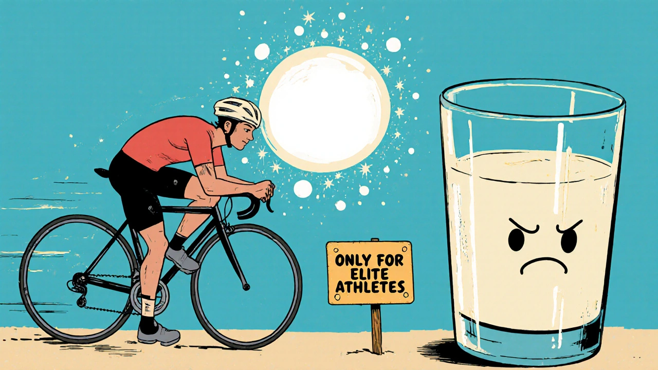 Ciclista con bicarbonato di sodio che emana energia, bicchiere amaro con faccia arrabbiata, avvertenza per atleti avanzati.
