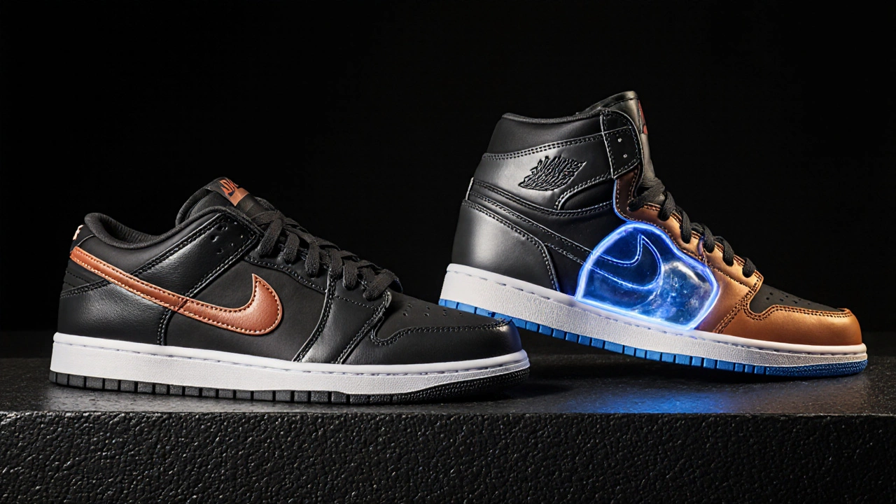 Confronto ravvicinato: Nike Dunk basso e Air Jordan I alto con dettagli di suola e materiali.