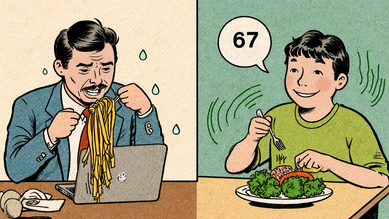 Confronto tra chi mangia in fretta stressato e chi mangia lentamente sereno, con calorie che scompaiono.