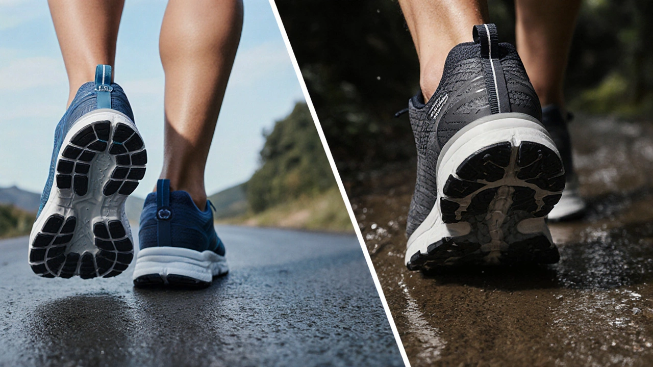Confronto visivo: Go Run 600 su asfalto e GOrun Razor su sentiero, mostrando suole e interni.