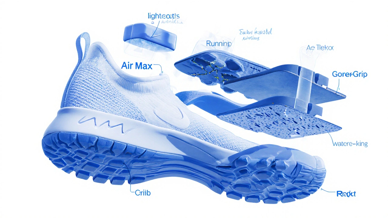 Dettaglio dei componenti di una scarpa: suola, tomaia, logo e trame specifiche.