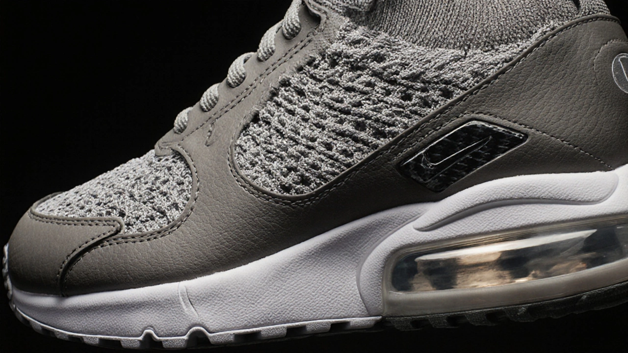 Dettaglio macro di una sneaker Nike con pelle, Flyknit e unità Air trasparente.