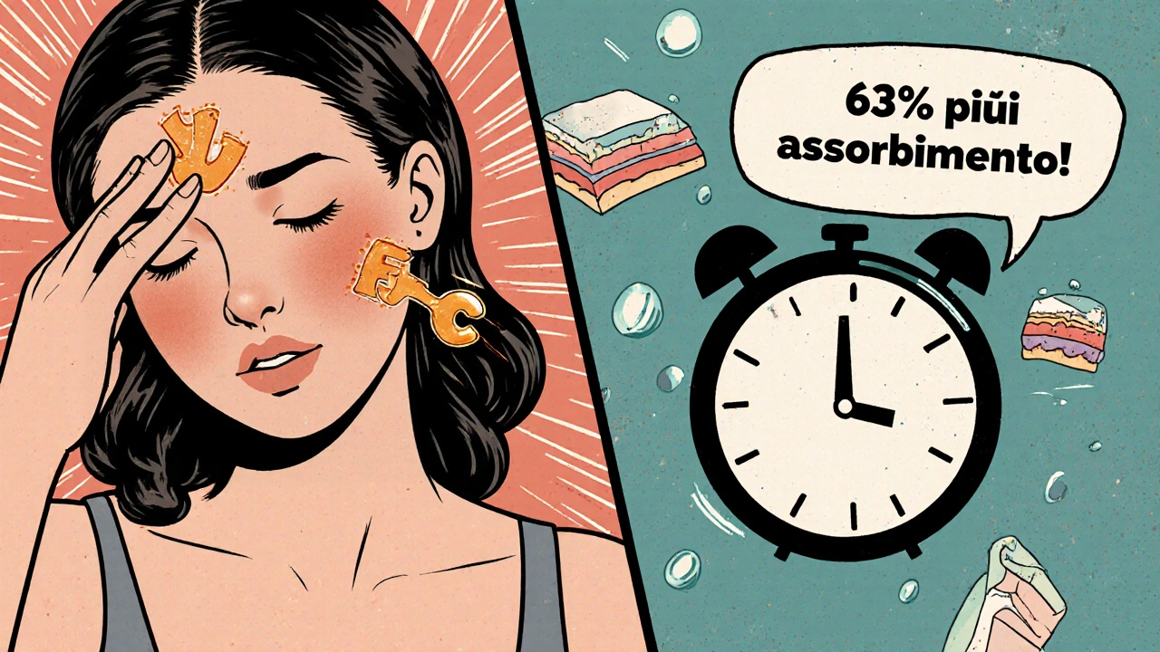 Donna applica un siero con tocchi veloci, molecole attive che penetrano nella pelle, orologio che conta 60 secondi.