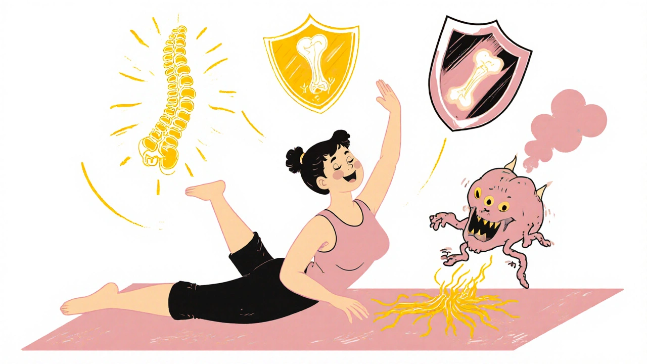 Donna che fa pilates con icone simboliche di salute che fluttuano intorno a lei.