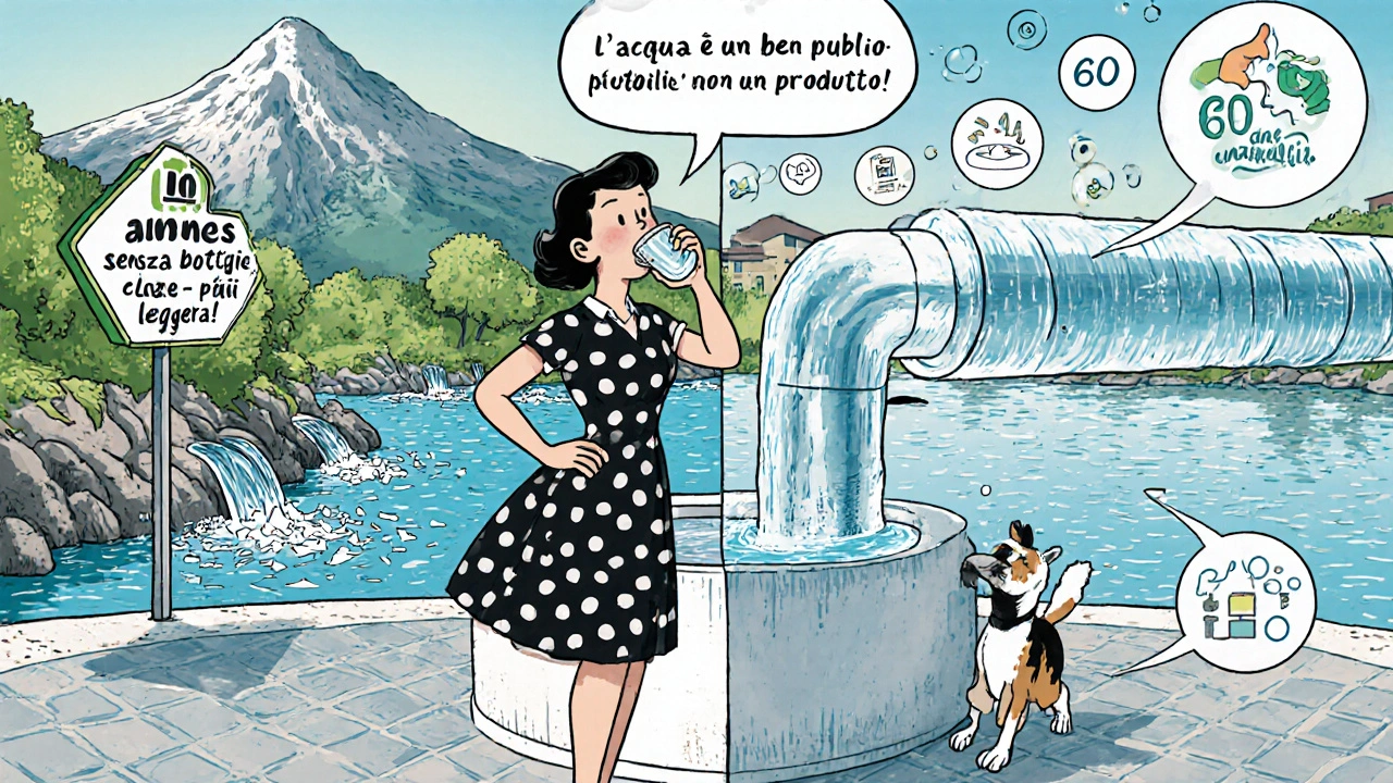 Donna italiana che beve da una fontana pubblica, con scena divisa tra acqua in bottiglia inquinata e rubinetto controllato.