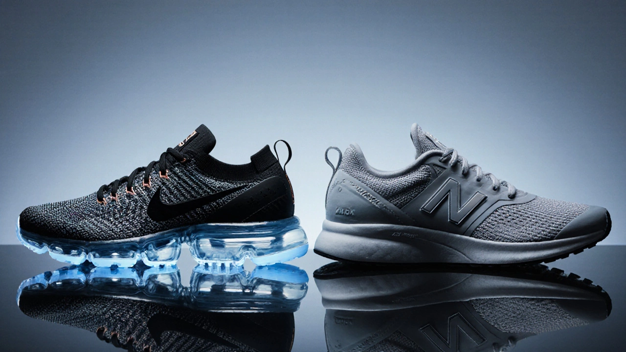 Due scarpe iconiche: Nike Air Max con unità d'aria e New Balance Fresh Foam su superficie nera.