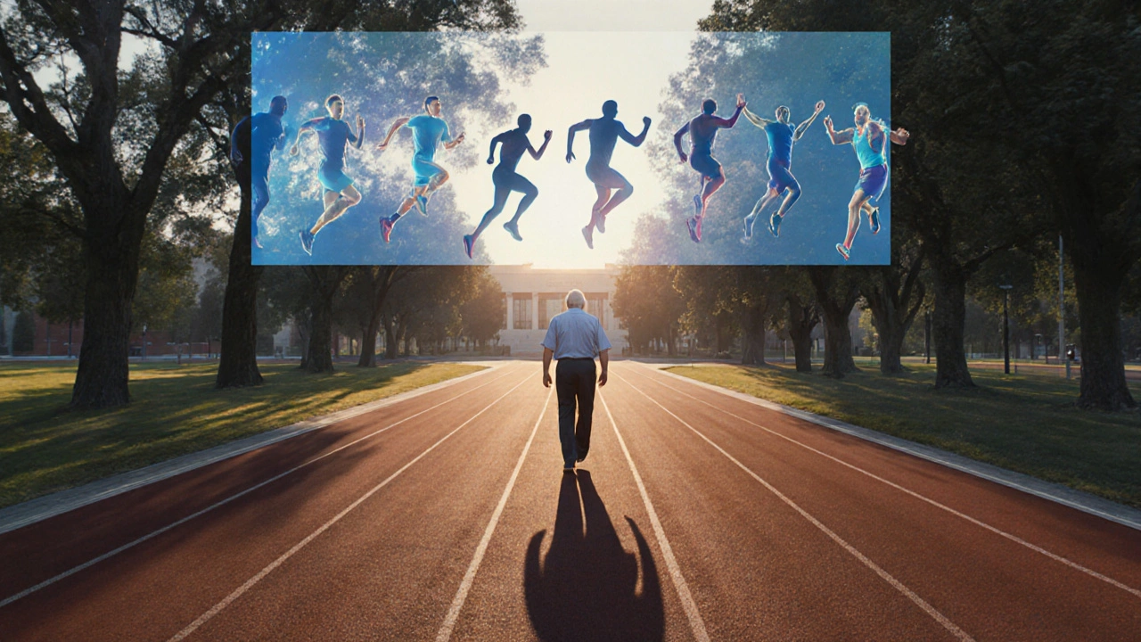 Elderly Phil Knight walking a track at sunrise, surrounded by floating silhouettes of athletes.