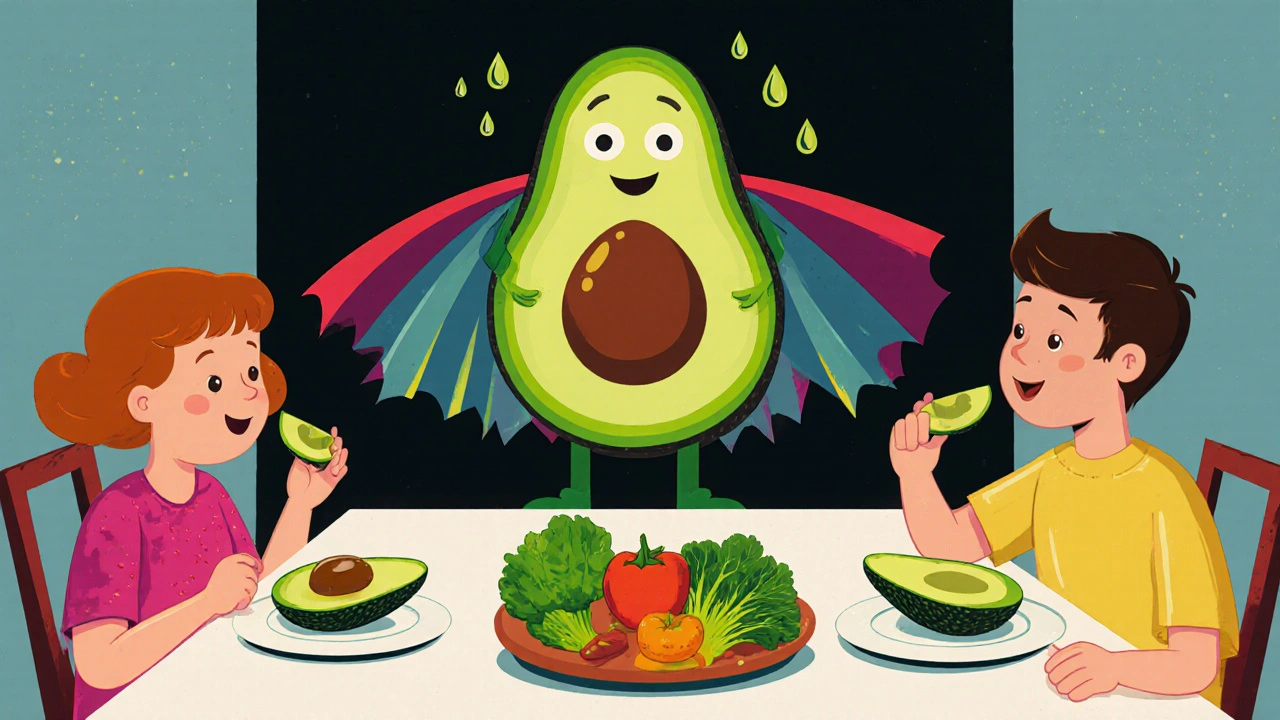 Famiglia a tavola con porzioni di avocado, avocado supereroe che migliora l'assorbimento delle vitamine.