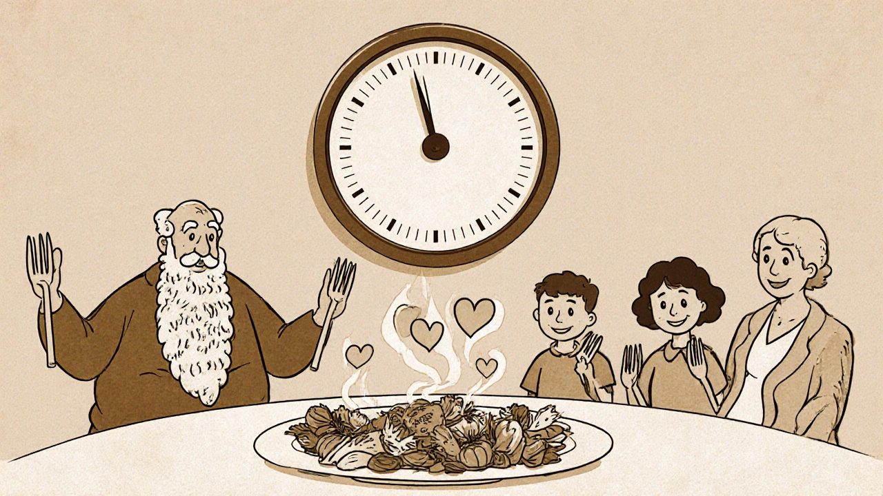 Famiglia italiana a cena che si ferma insieme, con un timer invisibile che conta i 20 minuti di masticazione consapevole.