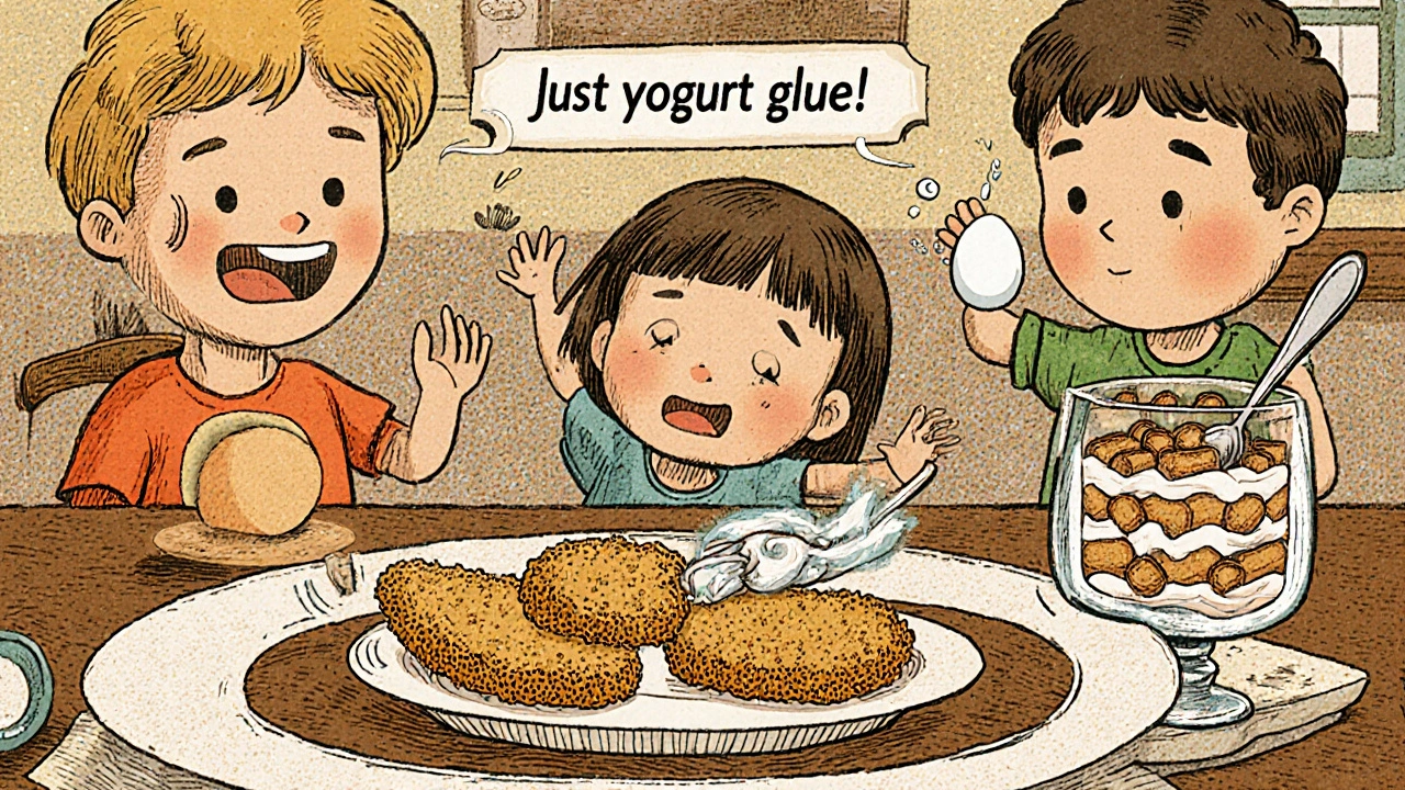 Famiglia italiana mangia cotolette croccanti senza uova, con tiramisù vegan sul tavolo.