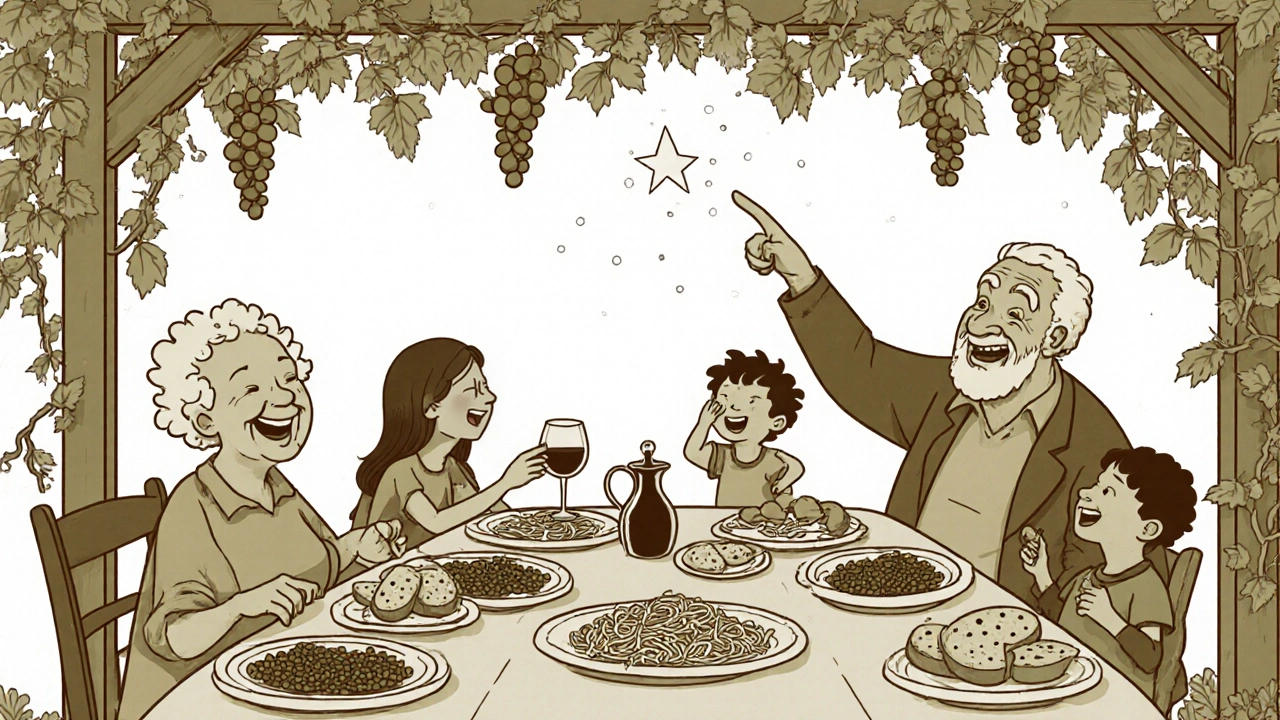 Famiglia riunita a cena sotto una pergola, condividendo cibo e momenti di gioia.