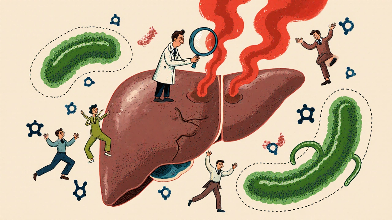 Fegato e intestino illustrati in stile vintage, con batteri benefici che danzano e infiammazione che svanisce, mentre l&#039;insulina riposa.