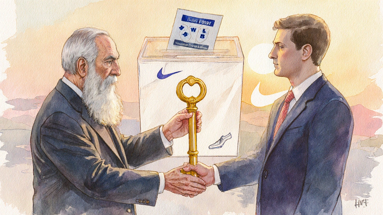 Filipp Knight consegna una chiave d’oro a John Donahoe, con simboli di voto classe B sullo sfondo.