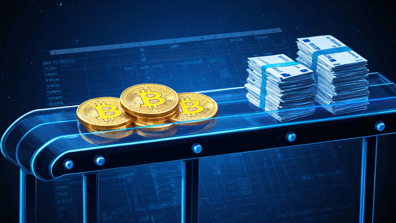 Filo di FIFO mostra monete Bitcoin vecchie che diventano banconote euro.