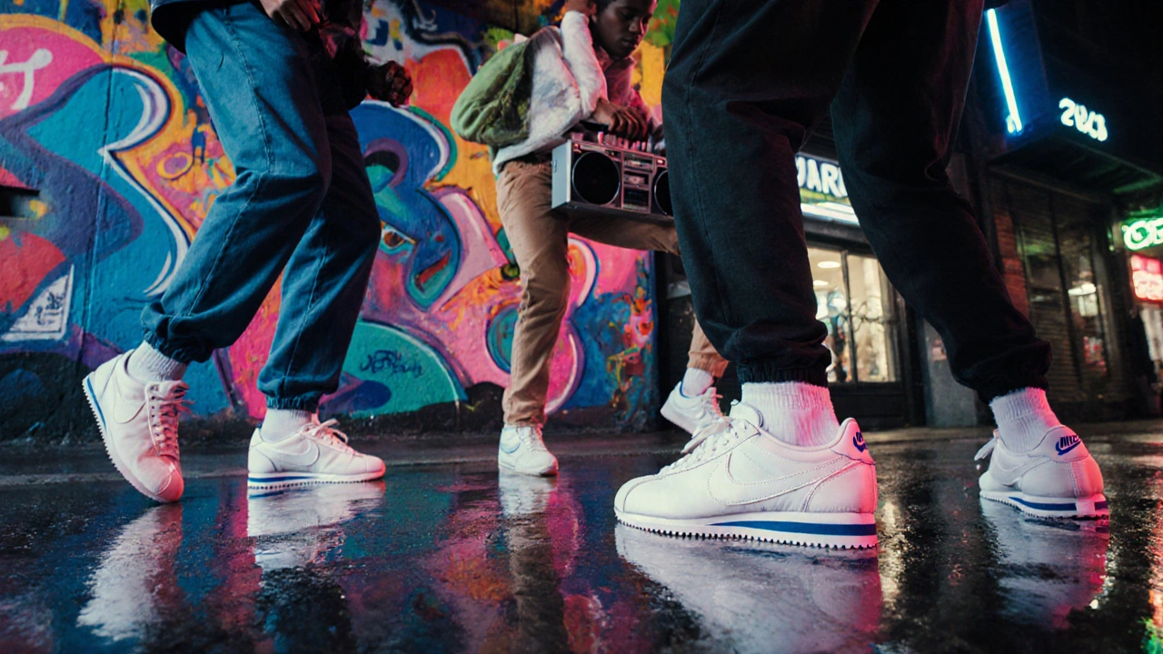 Gruppo di artisti hip‑hop degli anni ’80 a New York indossa Nike Cortez davanti a un murale graffiti.