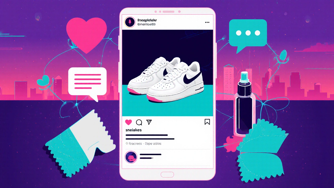 Illustrazione digitale di un feed Instagram con foto di Nike bianche, cuori e prodotti per la pulizia.