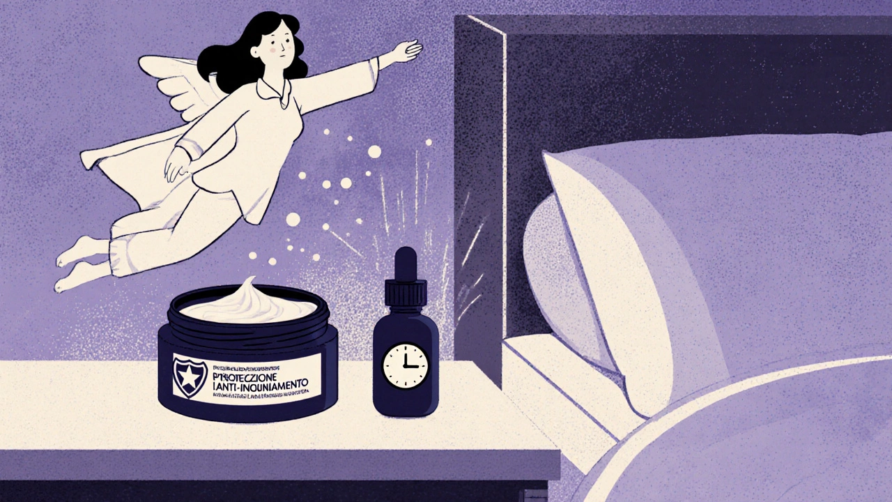 Kit skincare ordinato con crema protettiva e siero, donna rilassata a letto mentre l&#039;inquinamento rimbalza sulla sua pelle.