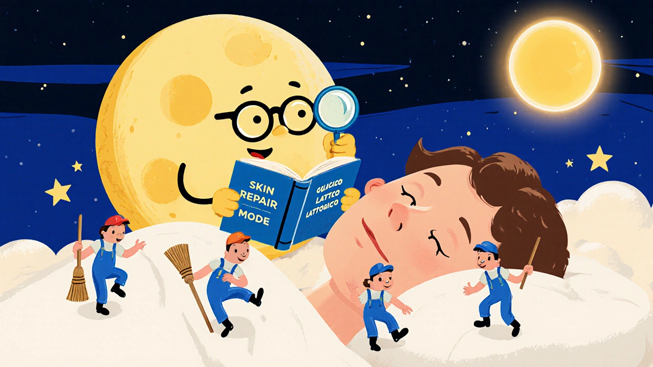 Luna che osserva il viso mentre acidi AHA puliscono la pelle durante la notte.