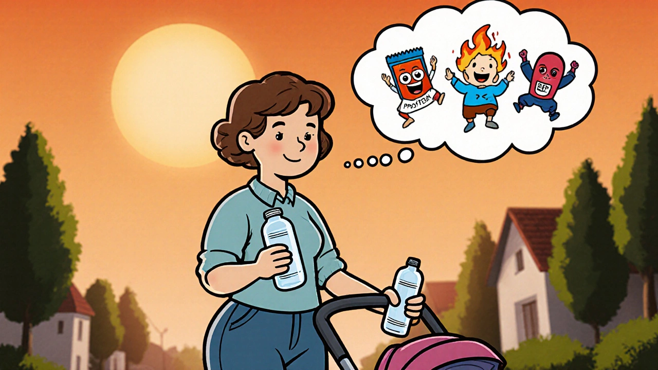 Mamma che cammina col passeggino, con pensiero che mostra proteine che bruciano grassi.