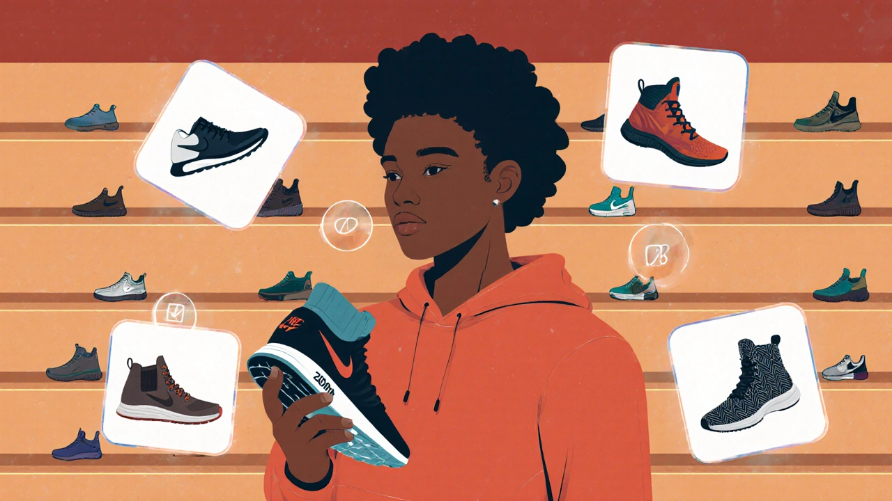 Mani che confrontano cinque modelli Nike, evidenziando le caratteristiche di ciascuna categoria.