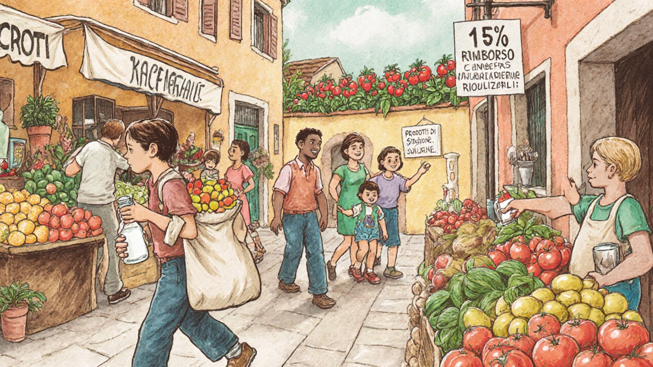 Mercato rionale italiano con famiglie che acquistano cibi sfusi e riempiono contenitori riutilizzabili, tra orti sul tetto e cartelli sostenibili.
