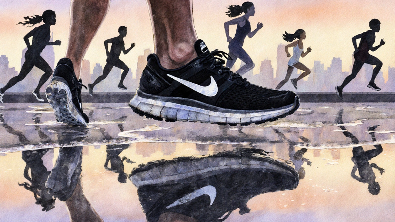 Nike Swoosh emerging from running shoes on a rainy sidewalk, with diverse runners in the background.