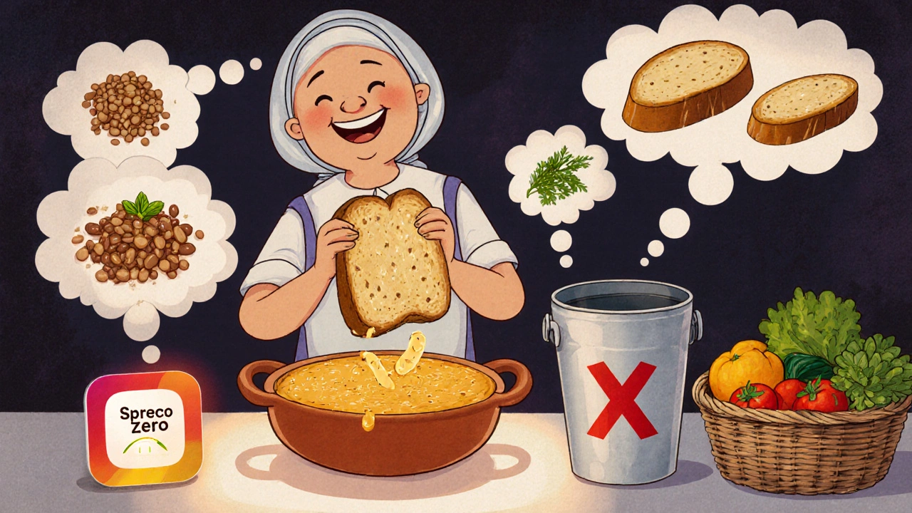 Nonna che trasforma il pane raffermo in uno sformato, con idee creative per evitare gli sprechi e l&#039;app Spreco Zero visibile.