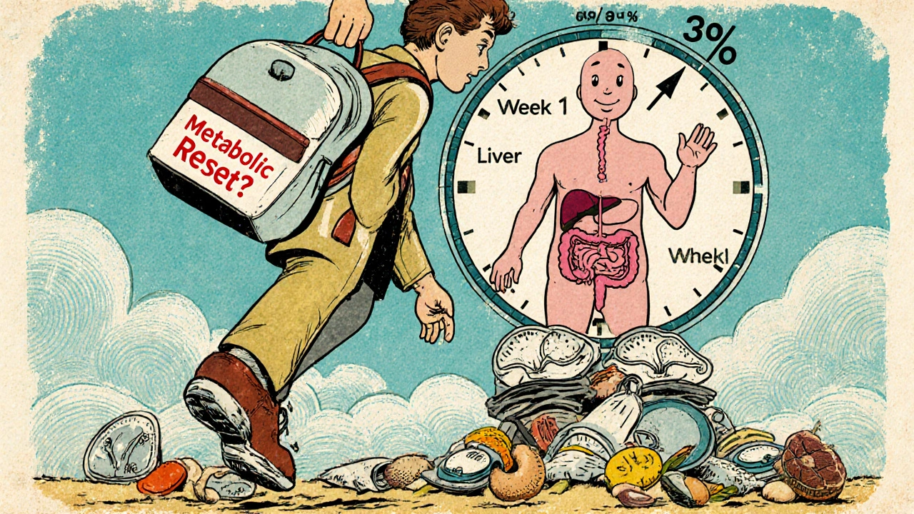 Persona che cammina verso un nuovo stile di vita, con organi sorridenti che la guidano, superando vecchie diete.