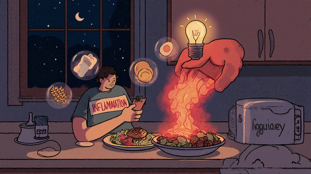 Persona che cena tardi mentre un&#039;ombra invisibile accumula grasso sull&#039;addome, con cibi infiammatori intorno.