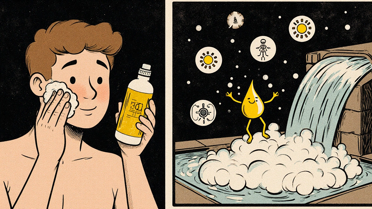 Persona che fa la doppia detersione, gocce di olio e schiuma che scompaiono, stile vintage.