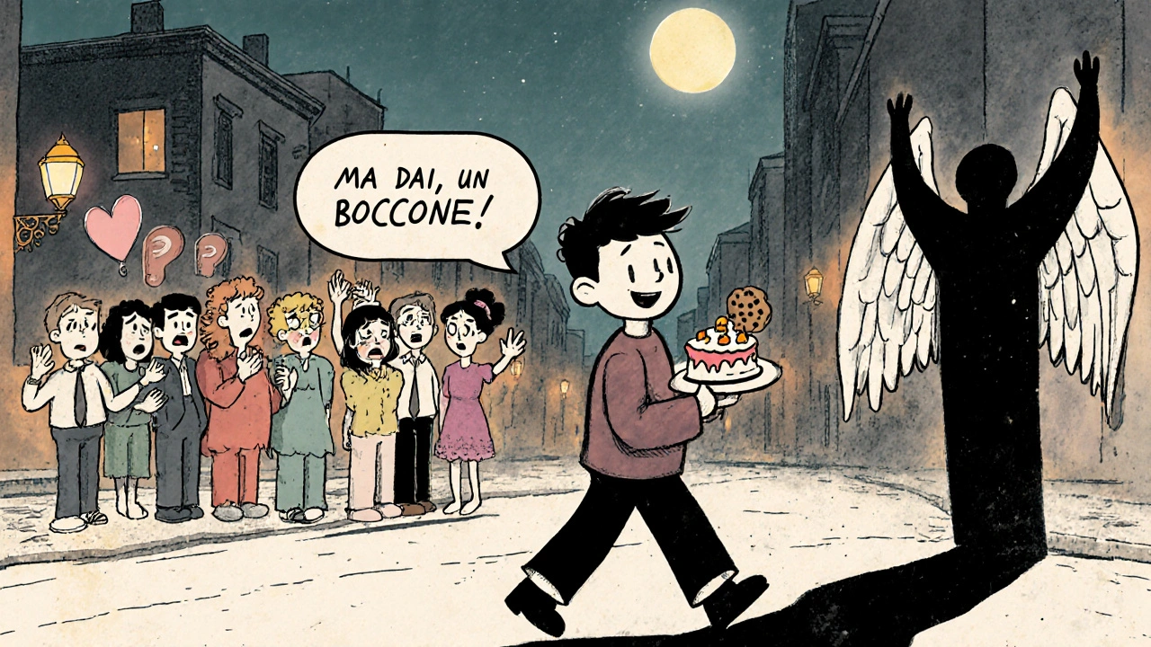 Persona che lascia una festa con un dolce, serena, mentre gli altri reagiscono con sorpresa e confusione.