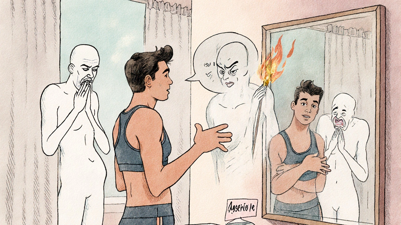 Persona che si esercita a dire no davanti allo specchio, con tre versioni di sé che rappresentano tre stili di comunicazione.