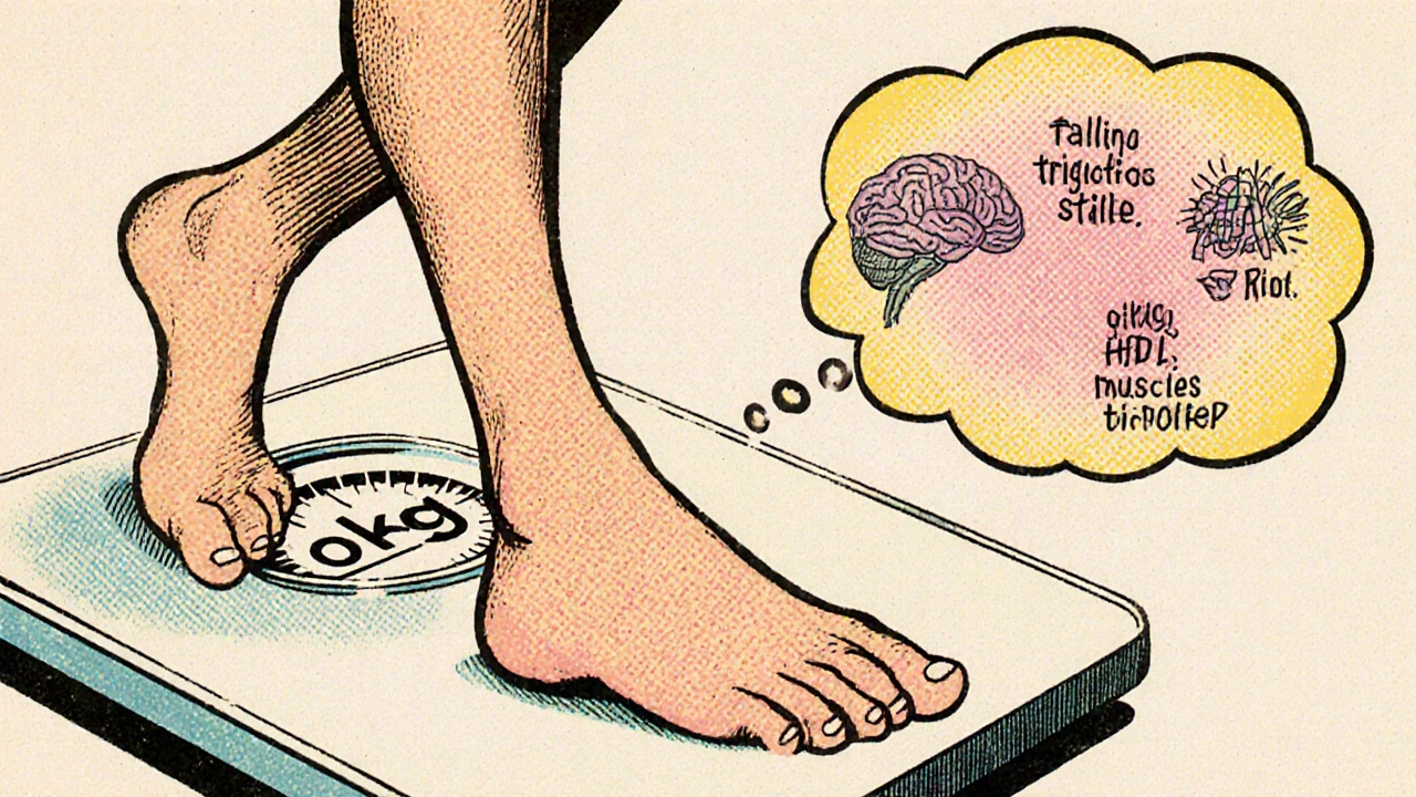 Persona che sorride accanto a una bilancia che non segna peso, ma un cruscotto mostra miglioramenti nei valori del sangue e nel cervello.