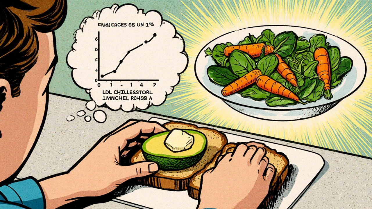 Persona che sostituisce il burro con l'avocado a colazione, con grafico di colesterolo.