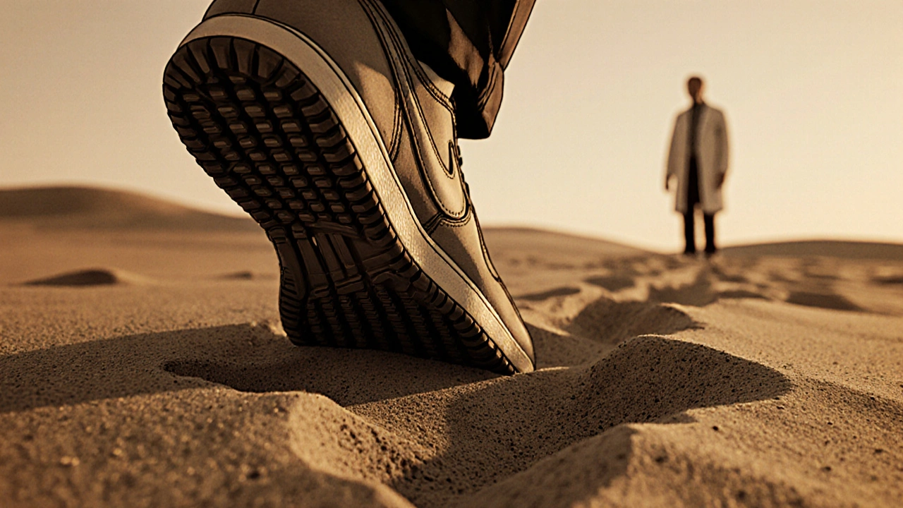 Prototipo Nike Moon Shoe su sabbia, impronte lunari evidenti e suola a waffle.