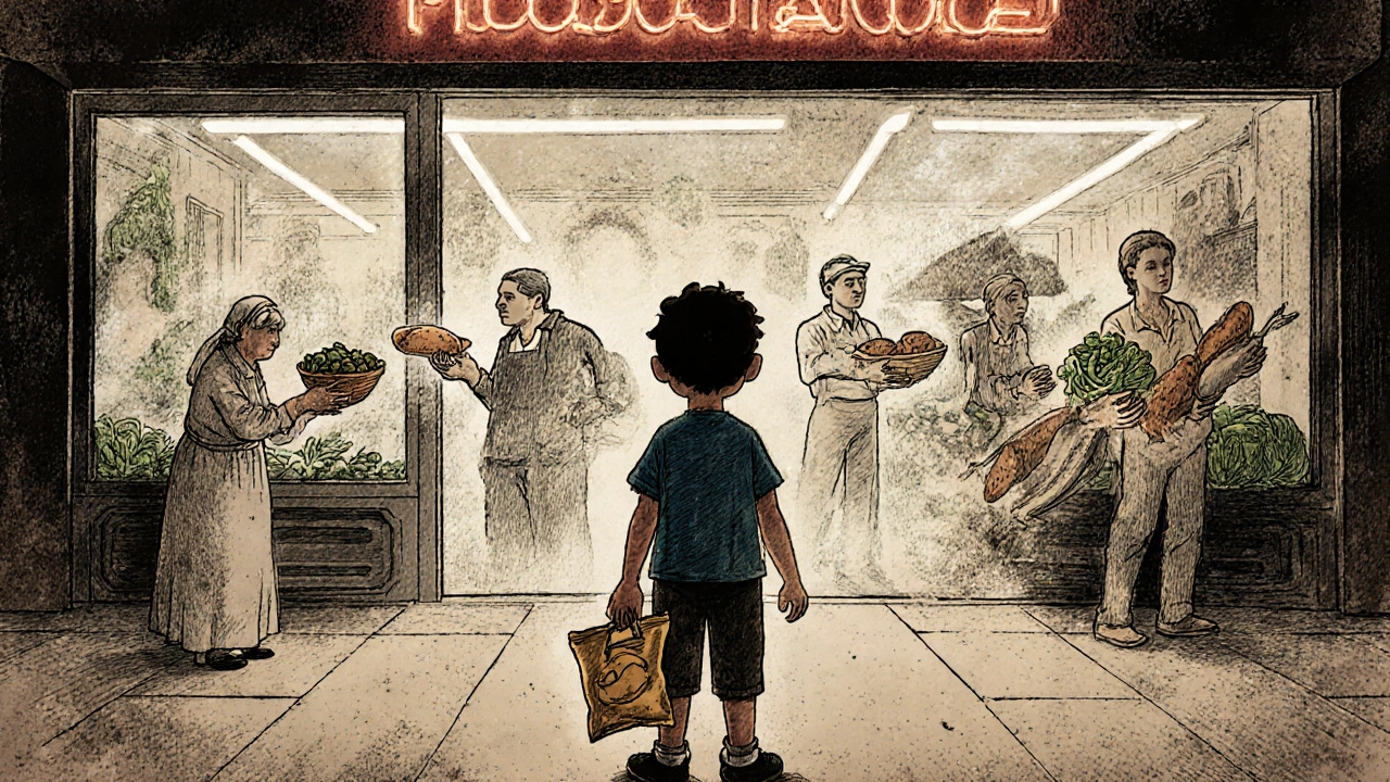 Ragazzo davanti a un supermercato, circondato dai fantasmi delle tradizioni alimentari perdute.