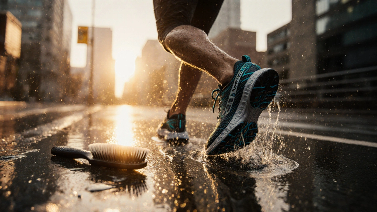 Runner al tramonto con Skechers GOrun Razor Gore‑Tex, gocce d’acqua scivolano dal capo.