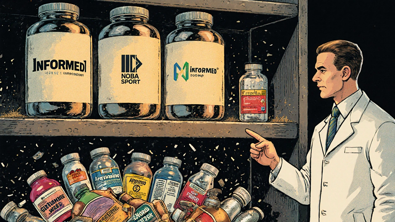 Scaffale con integratori certificati che brillano, altri che si sgretolano, nutrizionista che indica la scelta sicura.