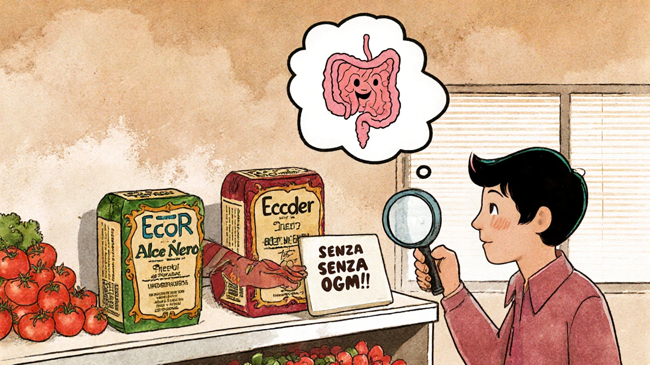 Scaffale di supermercato italiano con confezioni di tempeh marchiati Ecor e Alce Nero, cliente che esamina l'etichetta.