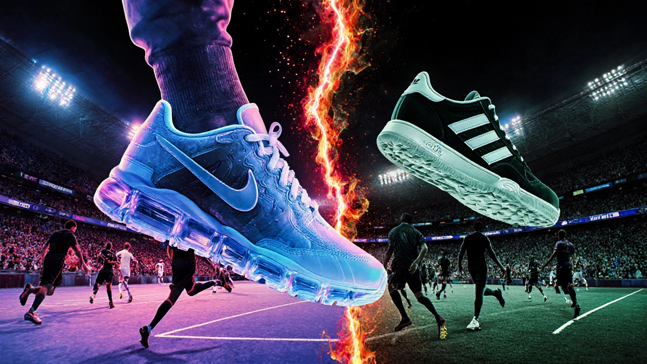 Scena moderna che mostra sneakers iconiche Nike e Adidas in street‑wear, calcio e basket.