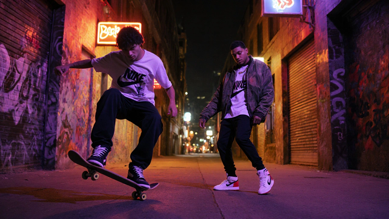 Scena notturna urbana: skateboarder con Dunk e ballerino hip‑hop con Jordan I sotto luci al neon.