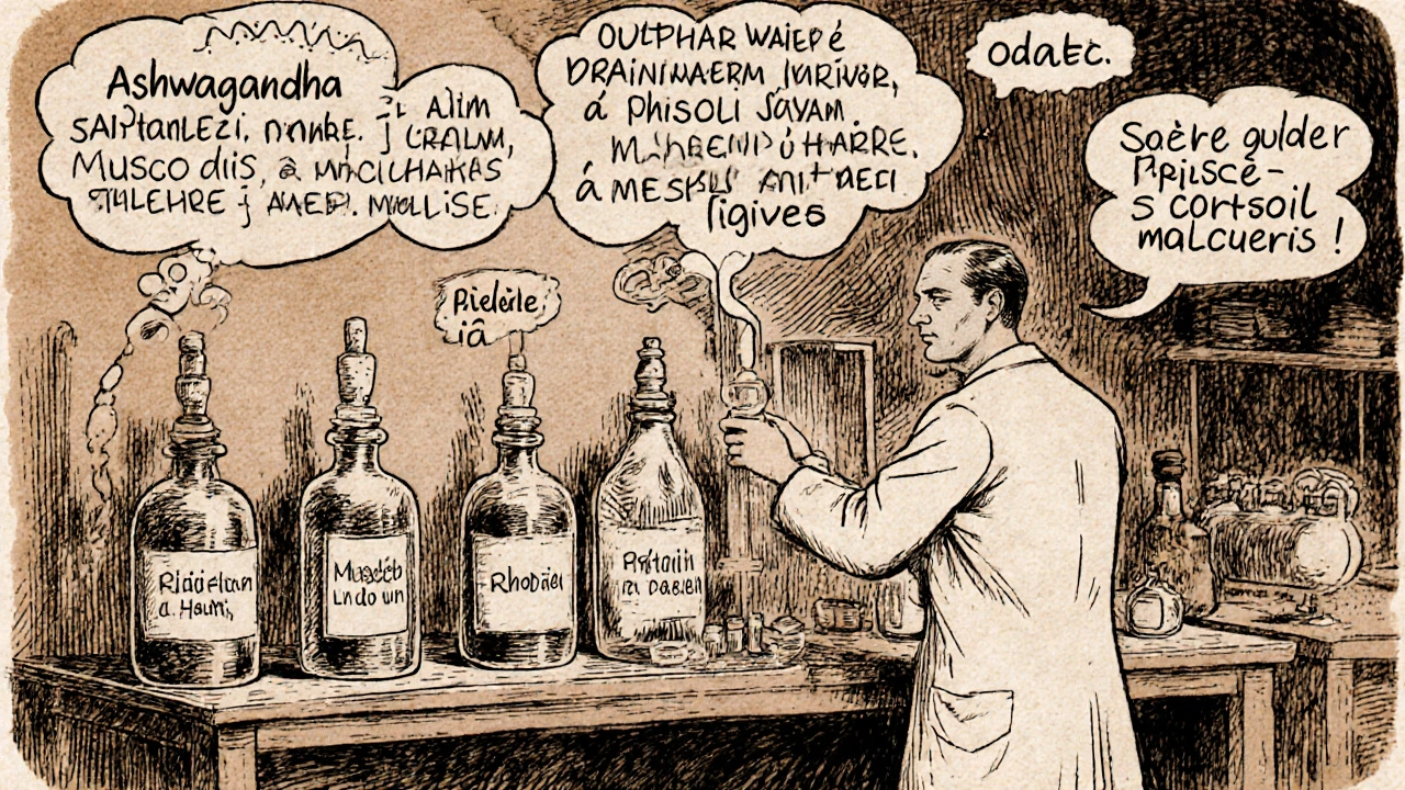 Scienziato in laboratorio che confronta integratori di ashwagandha e rhodiola con simboli scientifici stilizzati.