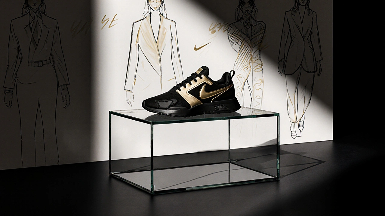 Sneaker in edizione limitata su piedistallo di vetro in boutique di lusso.