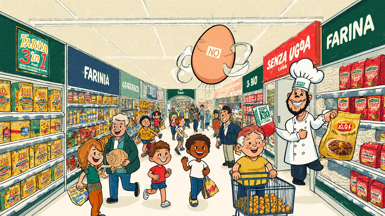 Supermercato italiano con prodotti senza uova e un uovo che fugge via con un cartello &#039;NO&#039;.